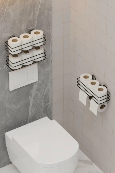 Yapışkanlı Yedekli 3 lü Set Tuvalet Kağıtlığı WC Tuvalet Kağıdı Askısı Ve Tutucu Siyah Metal