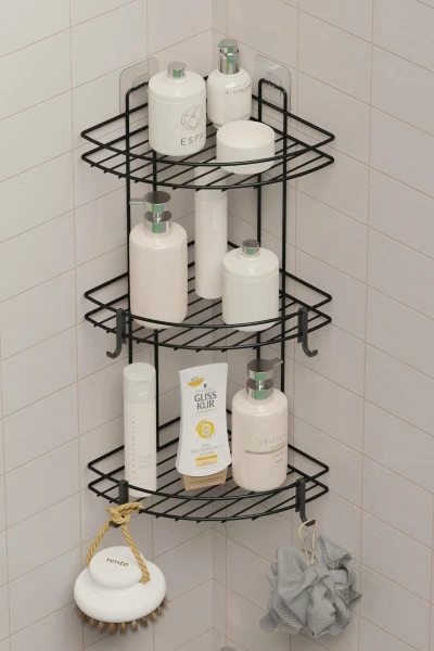 Yapışkanlı 3 Katlı Banyo Köşeliği Köşe Rafı Duş Şampuanlık Duvar Düzenleyici Organizer Raf