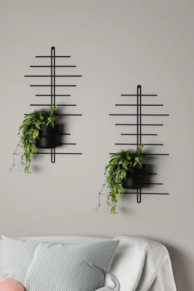 2 Li Metal Duvar Saksılığı Dekorasyon Saksı Oval Çiçeklik Standı Vazo Çiçek Siyah