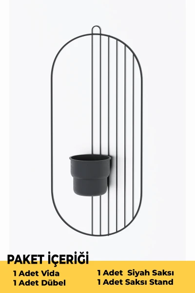 2 Li Metal Duvar Saksılığı Dekorasyon Saksı Oval Çiçeklik Standı Vazo Çiçek Siyah
