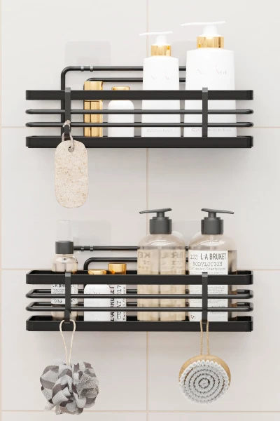 Yapışkanlı Lamalı Banyo Rafı Duş Şampuanlık Duvar Düzenleyici Organizer 2Li Set Duş Rafı Organizeri