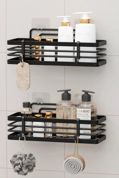 Yapışkanlı Lamalı Banyo Rafı Duş Şampuanlık Duvar Düzenleyici Organizer 2Li Set Duş Rafı Organizeri