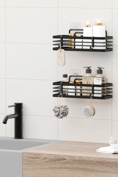 Yapışkanlı Lamalı Banyo Rafı Duş Şampuanlık Duvar Düzenleyici Organizer 2Li Set Duş Rafı Organizeri