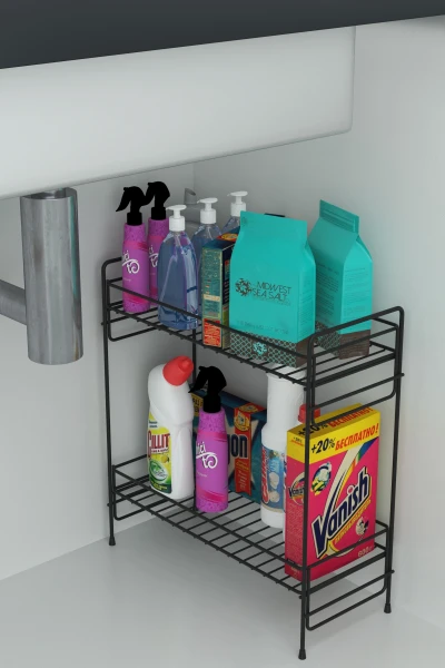 2 Katlı Evye Tezgah Altı Raf Banyo Mutfak Dolabı Çok Amaçlı Düzenleyici Deterjanlık Organizer