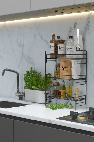 3 Katlı Mutfak Rafı Banyo Dolabı Çok Amaçlı Düzenleyici Baharatlık Masa Üstü Tezgah Raf Organizer