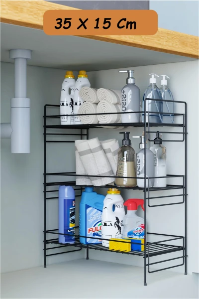 3 Katlı Evye Tezgah Altı Raf Banyo Mutfak Dolabı Çok Amaçlı Düzenleyici Deterjanlık Organizer