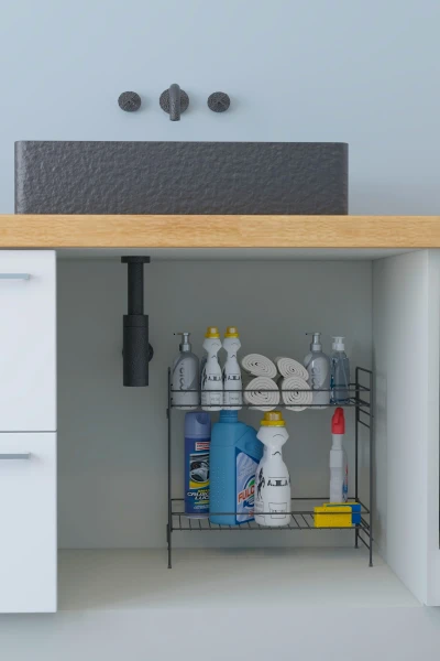 2 Katlı Evye Tezgah Altı Raf Banyo Mutfak Dolabı Çok Amaçlı Düzenleyici Deterjanlık Organizer 20x40