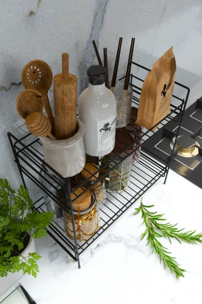 2 Katlı Mutfak Rafı Banyo Dolabı Çok Amaçlı Düzenleyici Baharatlık Masa Üstü Tezgah Raf Organizer