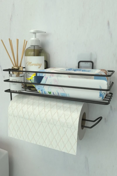 Yapışkanlı Raflı Kağıt Rulo Havluluk Peçetelik Havlu Kağıltlık Siyah Banyo Mutfak Düzenleyici Raf