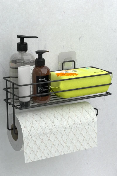 Yapışkanlı Raflı Kağıt Rulo Havluluk Peçetelik Havlu Kağıltlık Siyah Banyo Mutfak Düzenleyici Raf