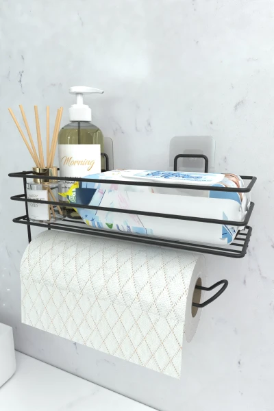 Yapışkanlı Raflı Kağıt Rulo Havluluk Peçetelik Havlu Kağıltlık Siyah Banyo Mutfak Düzenleyici Raf