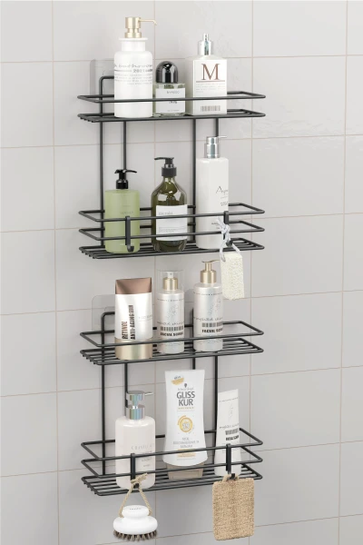 Ömür Boyu Paslanmaz Yapışkanlı 4 Katlı Banyo Rafı Duş Şampuanlık Duvar Düzenleyici Organizer Siyah