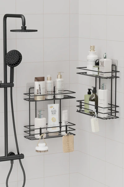 Ömür Boyu Paslanmaz Yapışkanlı 4 Katlı Banyo Rafı Duş Şampuanlık Duvar Düzenleyici Organizer Siyah
