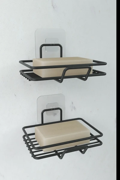 Yapışkanlı 2 li Set Sabunluk Banyo Mutfak Lavabo Metal Katı Sabunluk Siyah