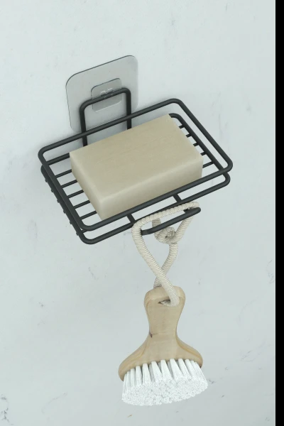 Yapışkanlı 2 li Set Sabunluk Banyo Mutfak Lavabo Metal Katı Sabunluk Siyah