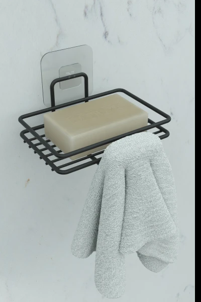 Yapışkanlı 2 li Set Sabunluk Banyo Mutfak Lavabo Metal Katı Sabunluk Siyah