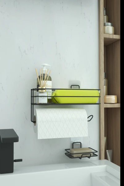 Yapışkanlı Banyo Rafı Kağıt Havlu Tutacağı Ve Metal Sabunluk Set Düzenleyici