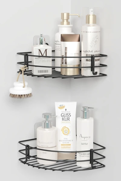 Yapışkanlı 2 li set Banyo Köşeliği Köşe Rafı Duş Şampuanlık Duvar Düzenleyici Organizer Raf