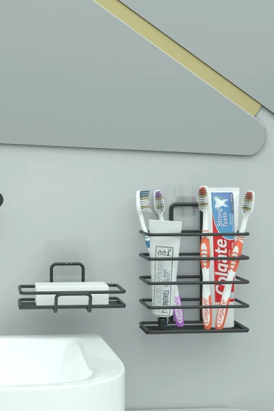 Yapışkanlı Metal Diş Fırçalık + Banyo Sabunluk 2li Set