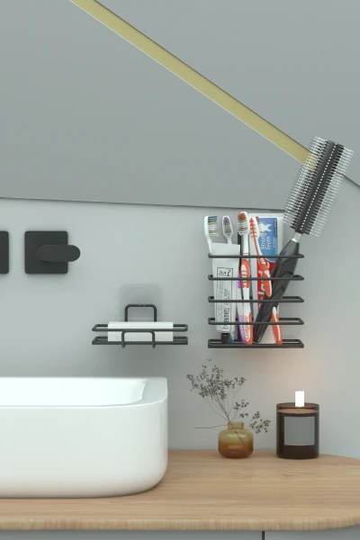 Yapışkanlı Metal Diş Fırçalık + Banyo Sabunluk 2li Set