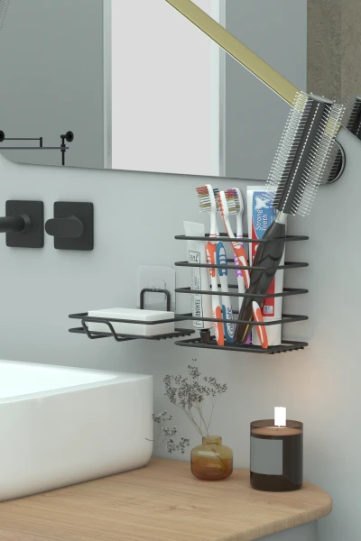 Yapışkanlı Metal Diş Fırçalık + Banyo Sabunluk 2li Set