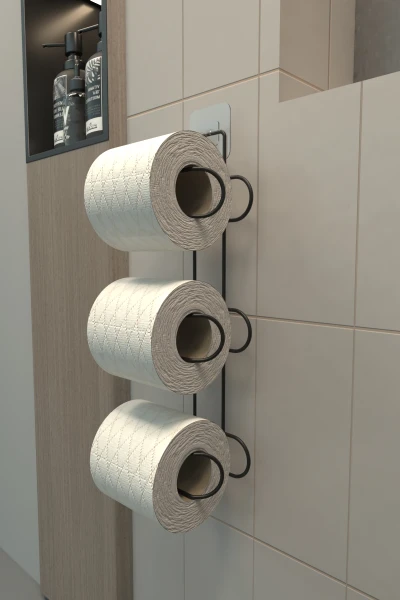 3 Katlı yapışkanlı Tuvalet Kağıtlığı Tutacağı Askısı Mat Siyah Metal Tuvalet Kağıtlık