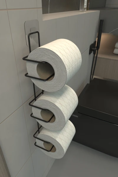 3 Katlı yapışkanlı Tuvalet Kağıtlığı Tutacağı Askısı Mat Siyah Metal Tuvalet Kağıtlık