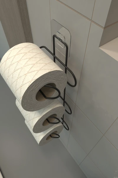 3 Katlı yapışkanlı Tuvalet Kağıtlığı Tutacağı Askısı Mat Siyah Metal Tuvalet Kağıtlık