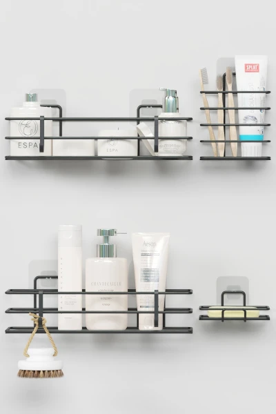 Yapışkanlı Banyo Seti Duş Rafı + Sabunluk + Diş Fırçalık Metal Set