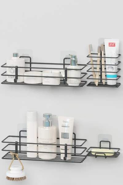 Yapışkanlı Banyo Seti Duş Rafı + Sabunluk + Diş Fırçalık Metal Set
