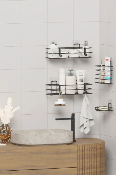 Yapışkanlı Banyo Seti Duş Rafı + Sabunluk + Diş Fırçalık Metal Set