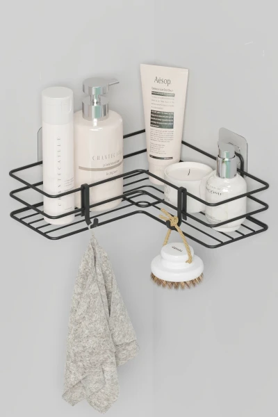 Yapışkanlı Banyo Köşeliği Köşe Rafı Duş Şampuanlık Duvar Düzenleyici Organizer Raf Siyah Metal