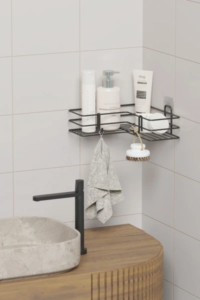 Yapışkanlı Banyo Köşeliği Köşe Rafı Duş Şampuanlık Duvar Düzenleyici Organizer Raf Siyah Metal