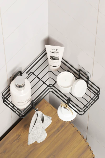 Yapışkanlı Banyo Köşeliği Köşe Rafı Duş Şampuanlık Duvar Düzenleyici Organizer Raf Siyah Metal