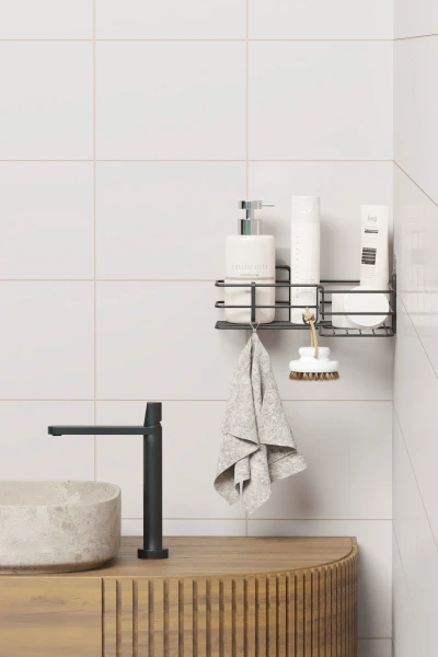 Yapışkanlı Banyo Köşeliği Köşe Rafı Duş Şampuanlık Duvar Düzenleyici Organizer Raf Siyah Metal