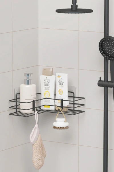 Yapışkanlı Banyo Köşeliği Köşe Rafı Duş Şampuanlık Duvar Düzenleyici Organizer Raf Siyah Metal