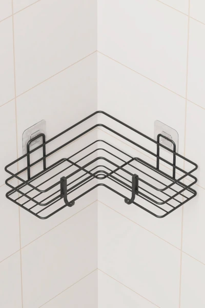 Yapışkanlı Banyo Köşeliği Köşe Rafı Duş Şampuanlık Duvar Düzenleyici Organizer Raf Siyah Metal