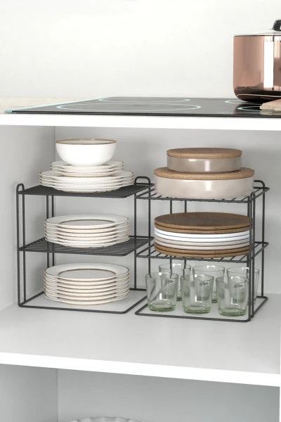 Siyah 2 Adet 3 katlı Tabaklık Dolap Içi Düzenleyici Organizer Tezgah Banyo Tabak Bardak Düzenleme