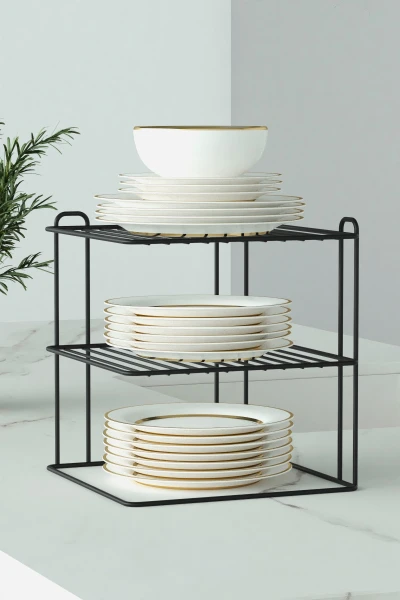 Siyah 2 Adet 3 katlı Tabaklık Dolap Içi Düzenleyici Organizer Tezgah Banyo Tabak Bardak Düzenleme