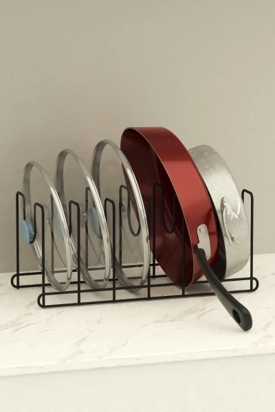 Metal Siyah Renk Tava Ve Tencere Kapağı Düzenleyici Raf Mutfak Dolabı Tel Tencere Tava Organizeri