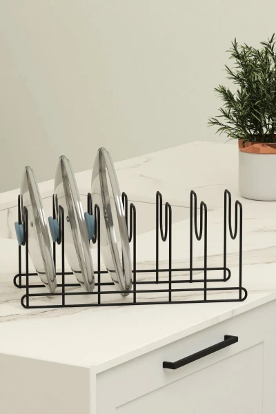 Metal Siyah Renk Tava Ve Tencere Kapağı Düzenleyici Raf Mutfak Dolabı Tel Tencere Tava Organizeri