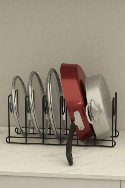 Metal Siyah Renk Tava Ve Tencere Kapağı Düzenleyici Raf Mutfak Dolabı Tel Tencere Tava Organizeri