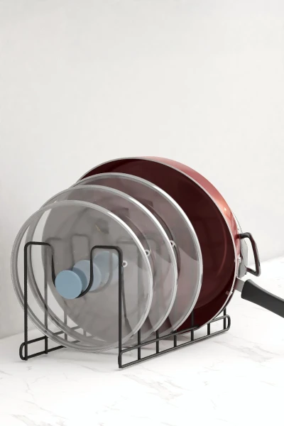 Metal Siyah Renk Tava Ve Tencere Kapağı Düzenleyici Raf Mutfak Dolabı Tel Tencere Tava Organizeri