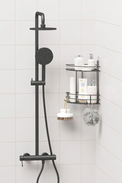 Yapışkanlı 2 Katlı Banyo Köşeliği Köşe Rafı Duş Şampuanlık Duvar Düzenleyici Organizer Raf